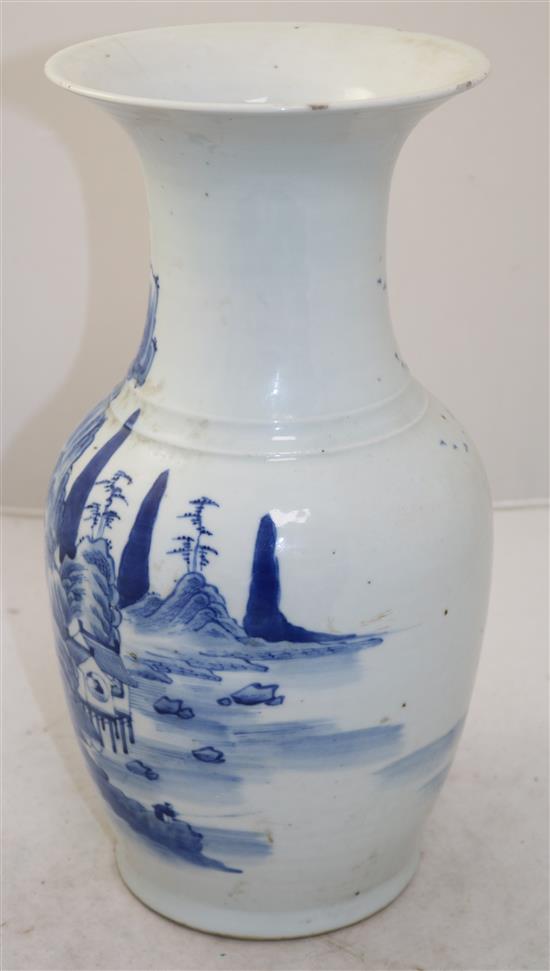 A Chinese blue and white baluster vase, late 19th century, 36cm, slight faults